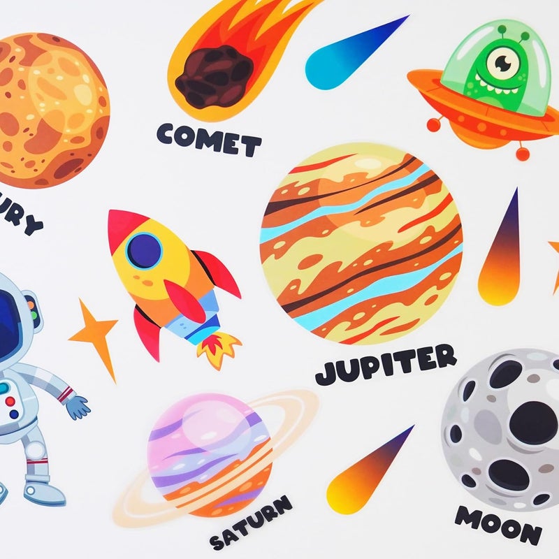 CharmFlo Outer Space Wall Decals 4 Sheets 58 Pcs Planets, Rocket & Astronaut Wall Stickers Removable Nursery Decor for Kids Bedroom, Playroom, Classroom Peel & Stick Space Theme Decals for Boys Girls - Image 4